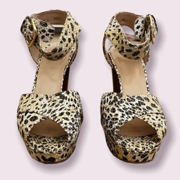 Stuart Weitzman Snakeskin Pumps Cream Gold Open Toe Buckle Heels Womens Size 6.5 - Picture 5 of 11